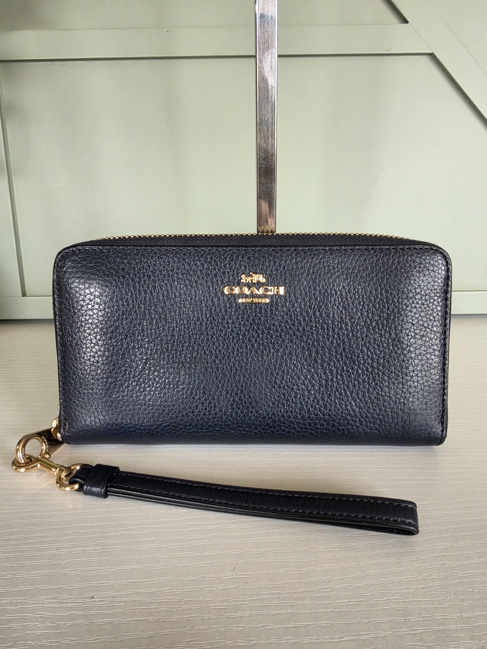 Coach Navy Pebbled Leather Zip Wallet Wristlet with Gold Logo